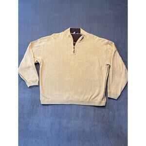 Hathaway 1/4 Zip Sweater, Tan w/ Brown Stitching on Sleeves, Men’s Loose Fit Med